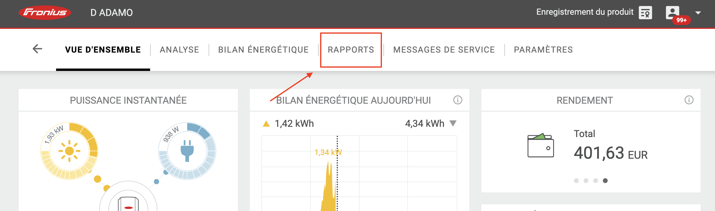 Sur la page de selection d'une installation, aller dans le menu "rapport"