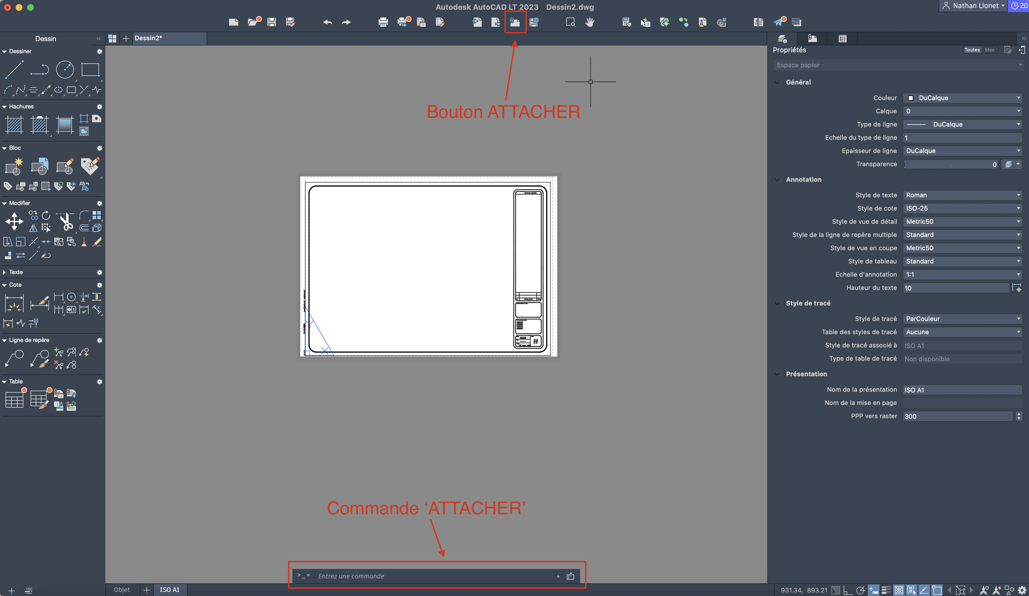 Import du fichier .dxf sur AutoCAD avec commande ATTACHER